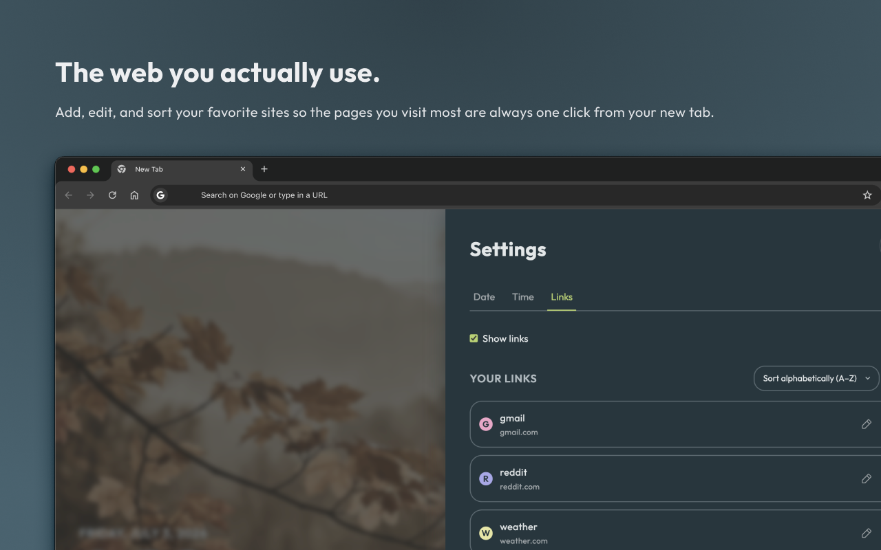 newleaf links settings for saved favorite websites