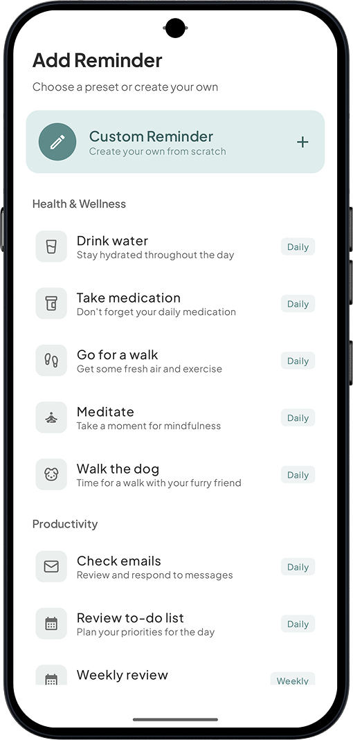 nudge preset library with wellness and productivity routines