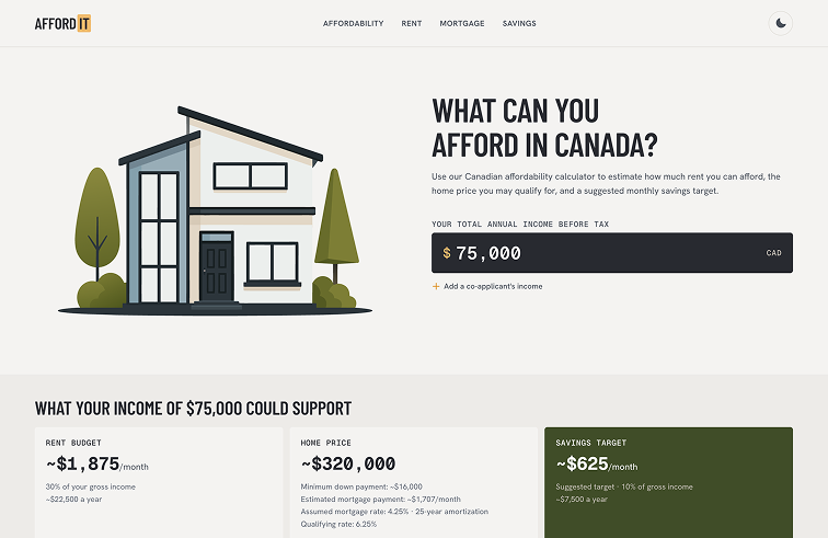 The affordit home page: an income field, and the rent, home price, and savings figures it produces