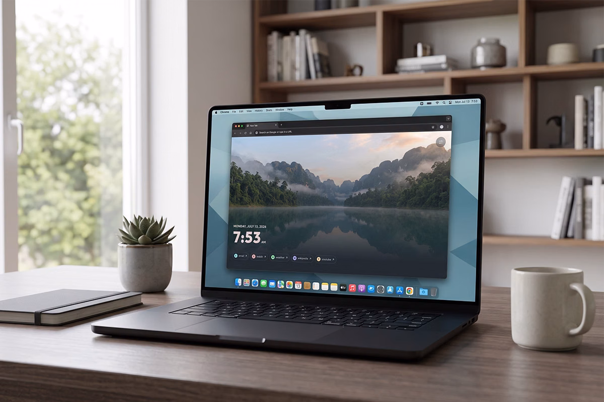 A laptop on a desk at Aster Lab showing the newleaf new-tab page